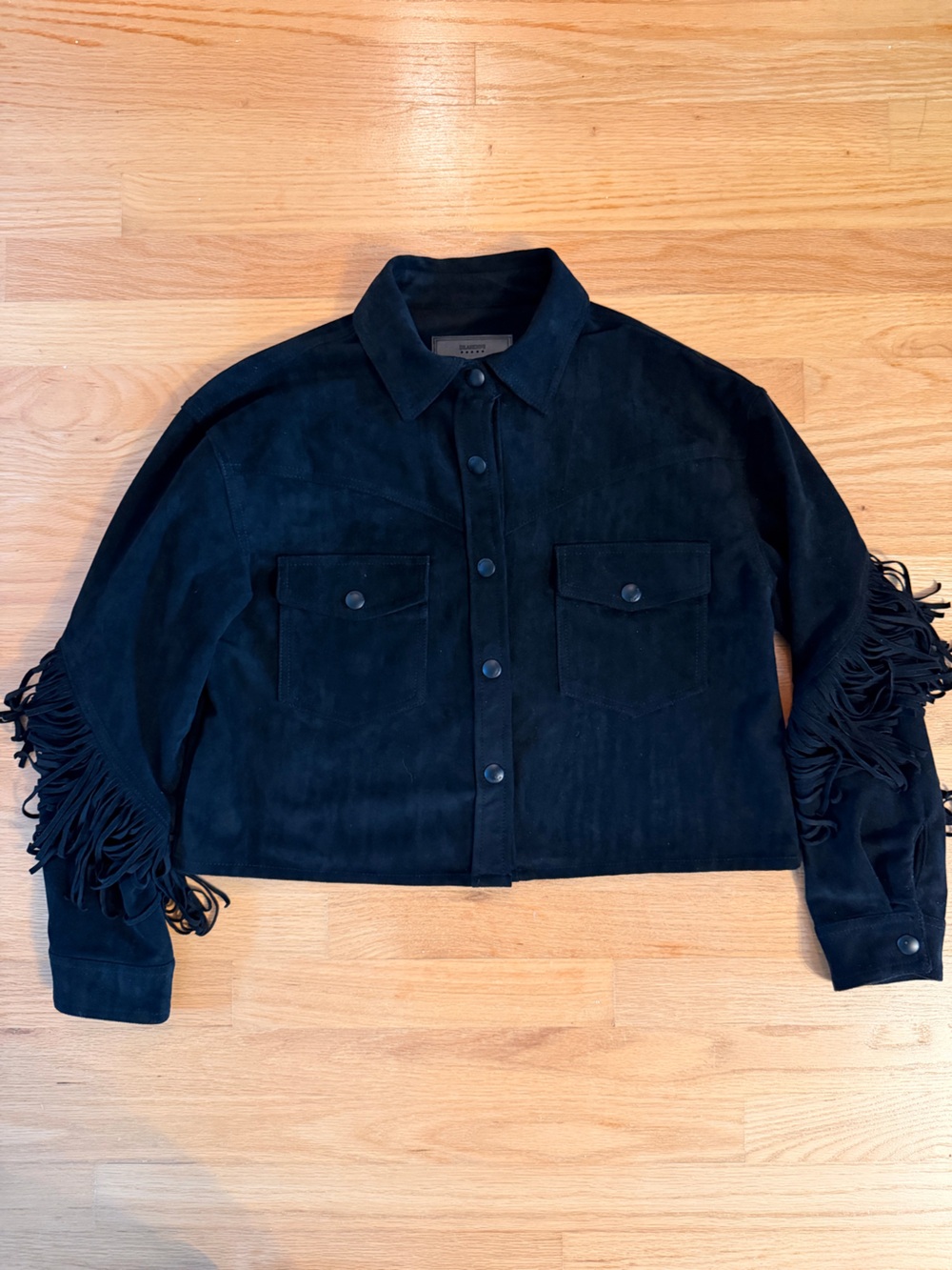 Women’s Blank NYC Black Suede Fringe Cropped Jacket, Size XS